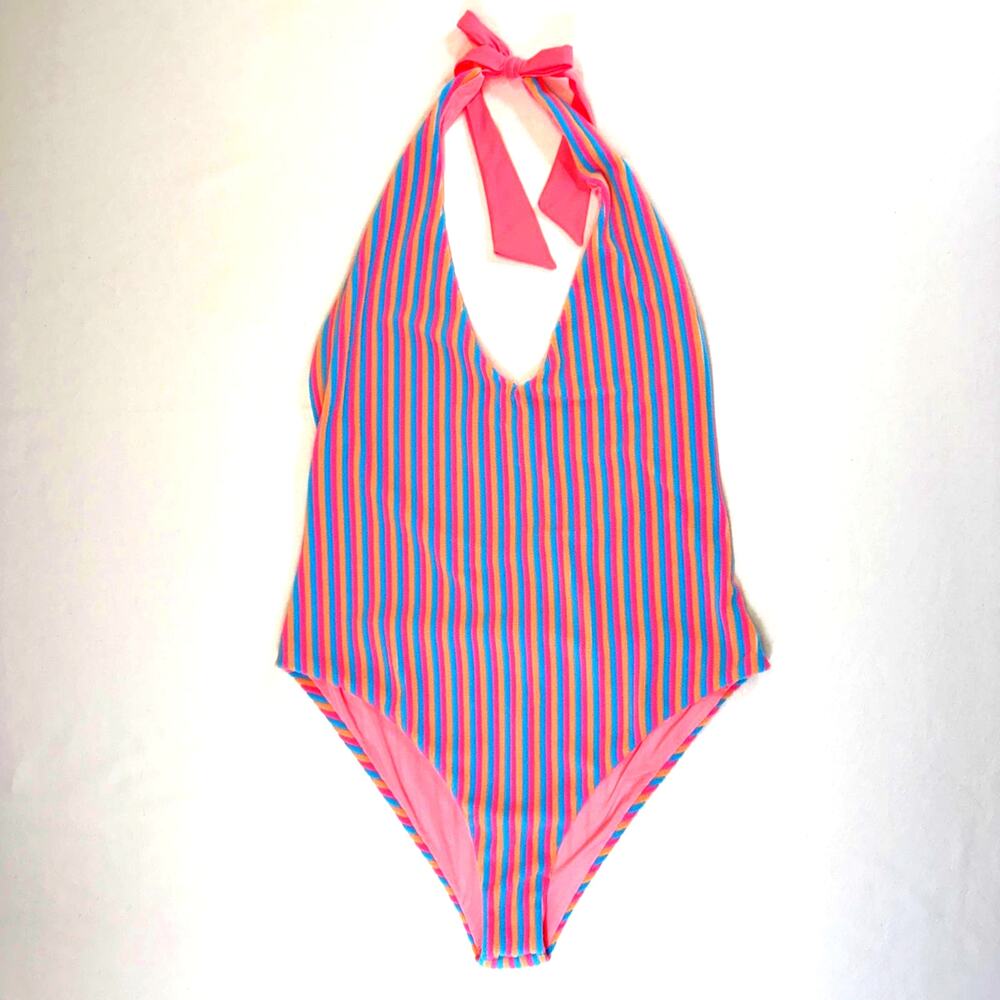 BEACH RIOT One Piece Swimsuit XL Halter Plunge Striped Textured Retro USA Made